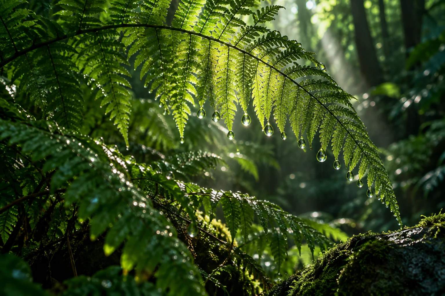 Sunlight passing through fern fronds covered in tiny water droplets