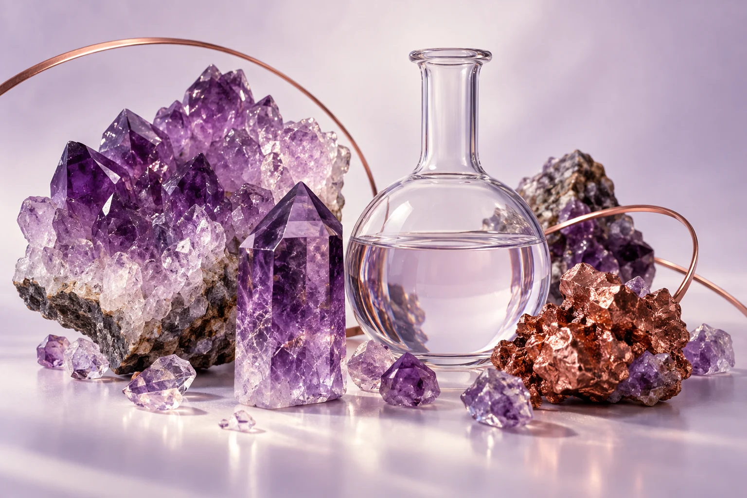 Amethyst crystals, copper and clear water in a glass vessel